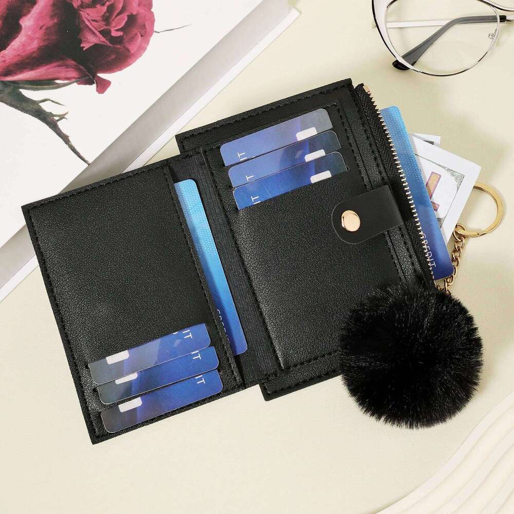 Women's Adored with a Delicate Pom pom fashionable simple short double stack wallet, lightweight and portable small credit c C260304