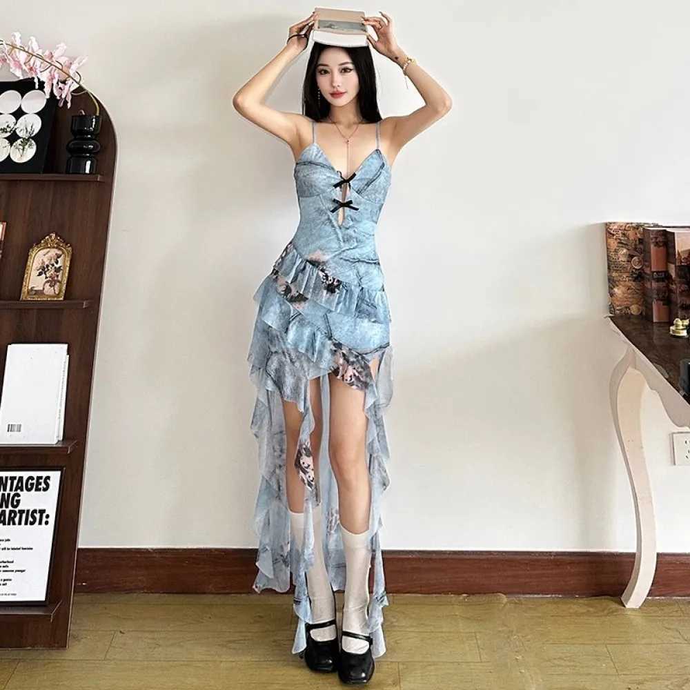 SylCue Irregular Patchwork Dress Women Sexy Sling V-Neck Backless Off Shoulder Ruched Ruffles Tassel Street Elegant Vestidos M260304