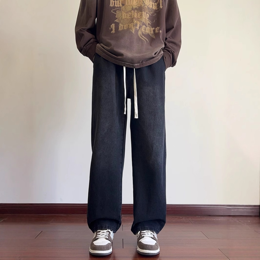 Black And Gray Elastic Waist Jeans For Men Spring American High Street Designer Pants Vibe Trendy Casual Long Pants For Men