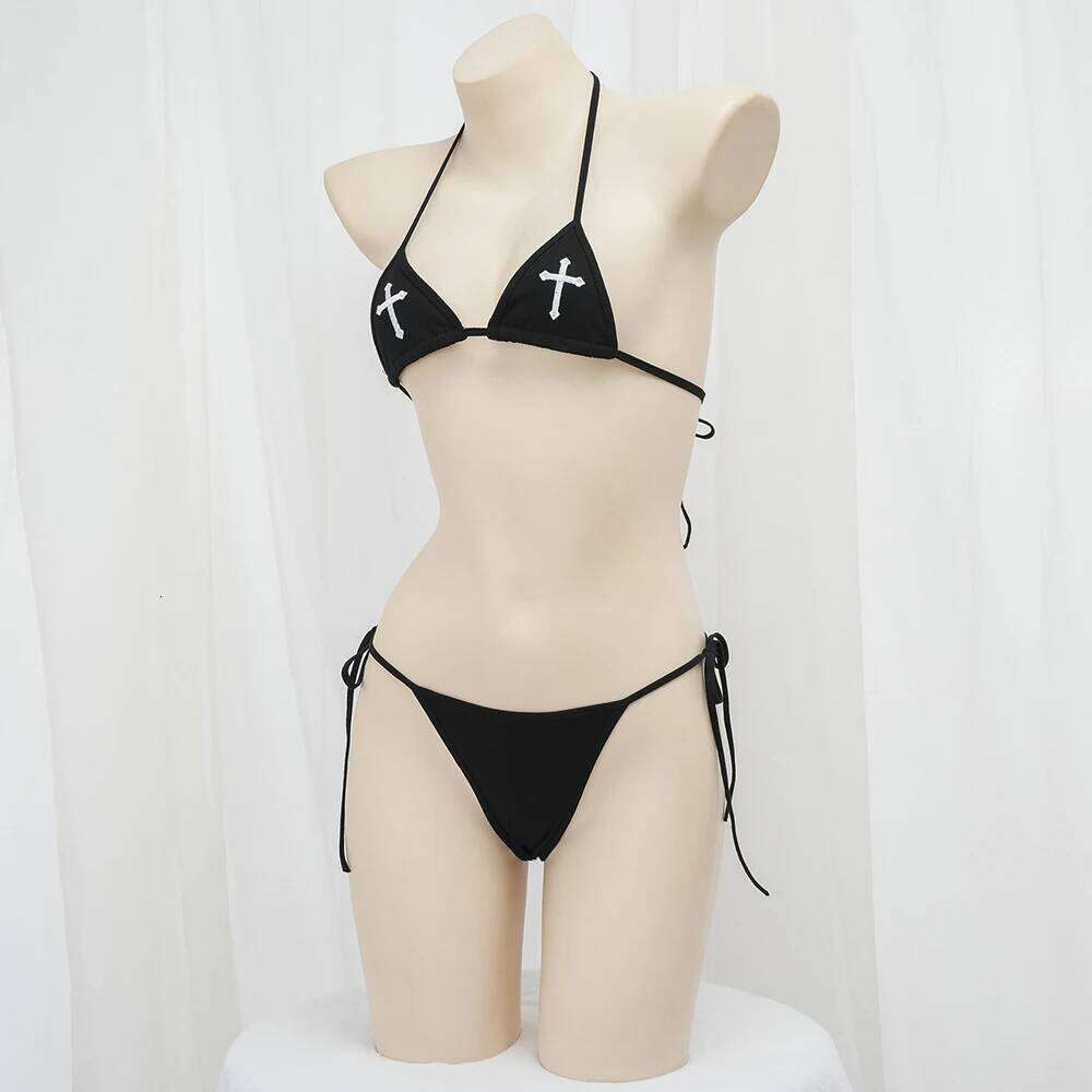Sexy Bikini 2024 Women Cross Embroidery Split Bathing Suit Underwear Lingerie Goth Swimsuit Low Waist Bikinis Beach Swimwear Y260303
