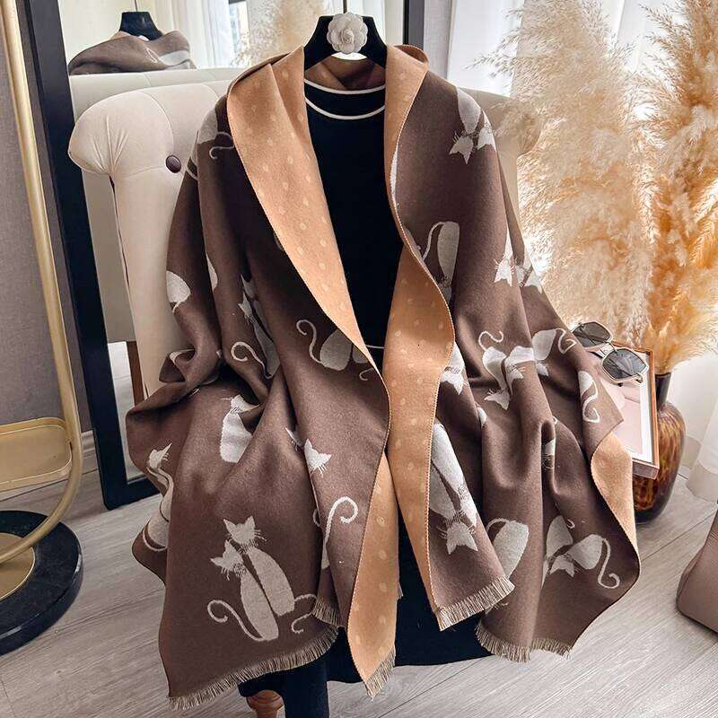 Women's Autumn Winter Warm Cat Pattern Faux Cashmere Scarf Jacquard Shawl Wrap Cozy Blanket Neck Protection XJ260304