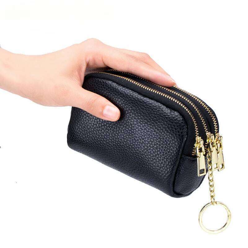 Luxury Leather Keychain Wallet with 3 Zippers Compact Coin Purse for Women Men RFID Blocking Travel Essentials Cash Card Holder C260304
