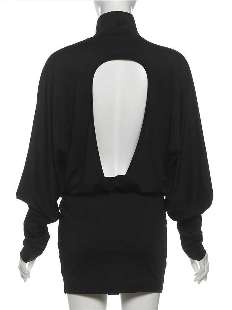 SIsterlinda Sexy Turtleneck Backless Dress Women Peach Hip Full Sleeve Stretch Autumn Trend Birthday Party Prom Club Bodycon M260304