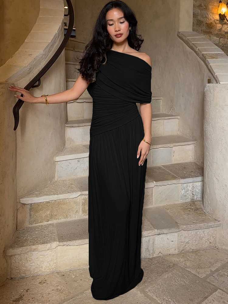 Nibber Patchwork Dress Women Inclined Shoulder Y2K Sexy Irregular Ruched Stretch Summer Temperament Classic Vestidos Clubwear M260304