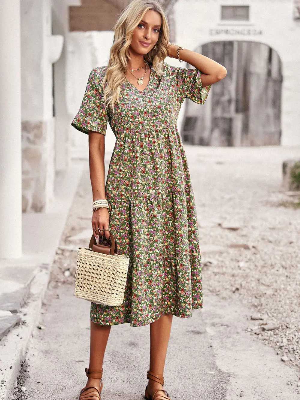Summer Women V Neck Elegant Printed Short Sleeve High Waist A Line Floral Holiday Dress M260304