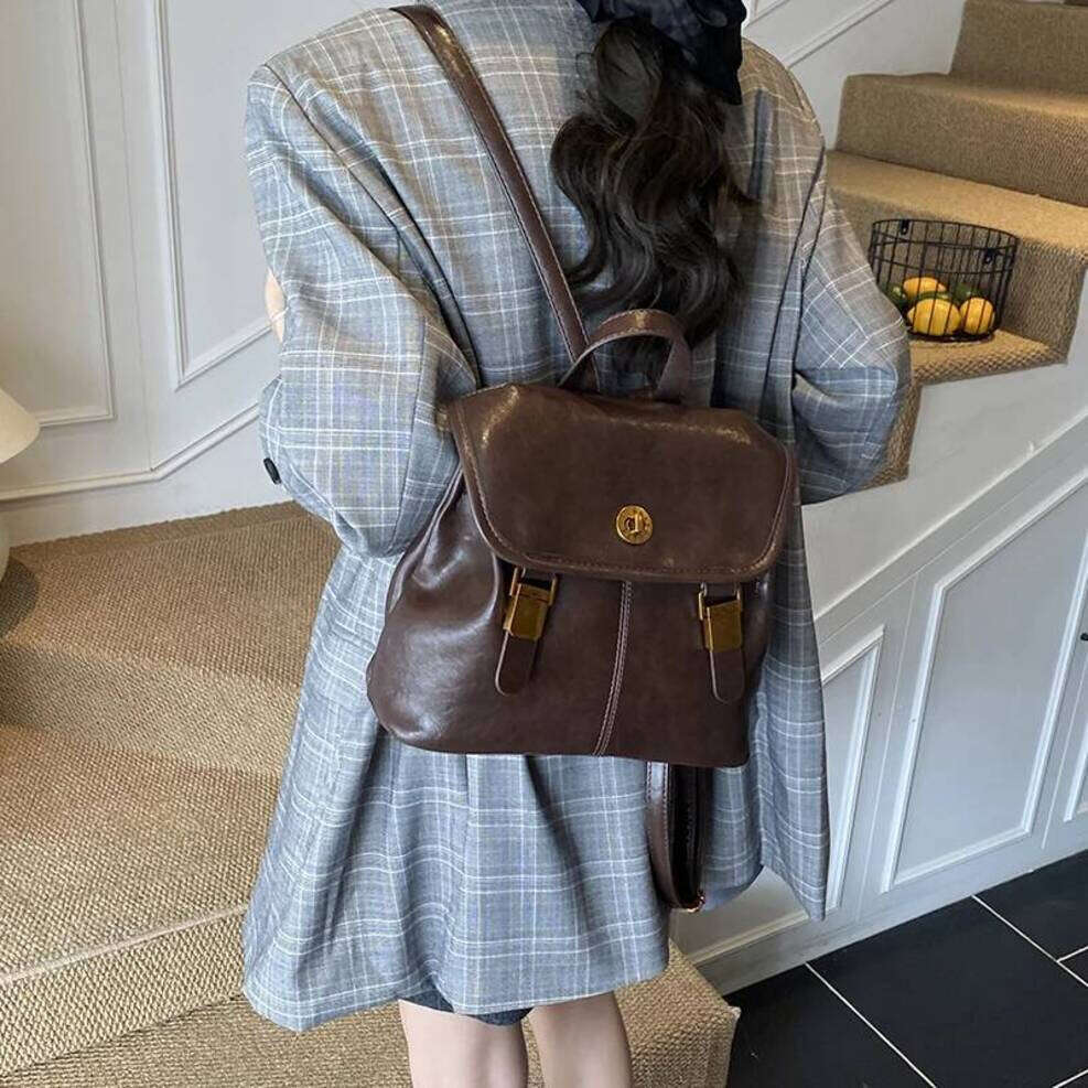 OLOEY Women Small Pu Leather Backpacks 2025 New Korean Fashion Vintage Luxury Backpack Student School Bag Back Packs