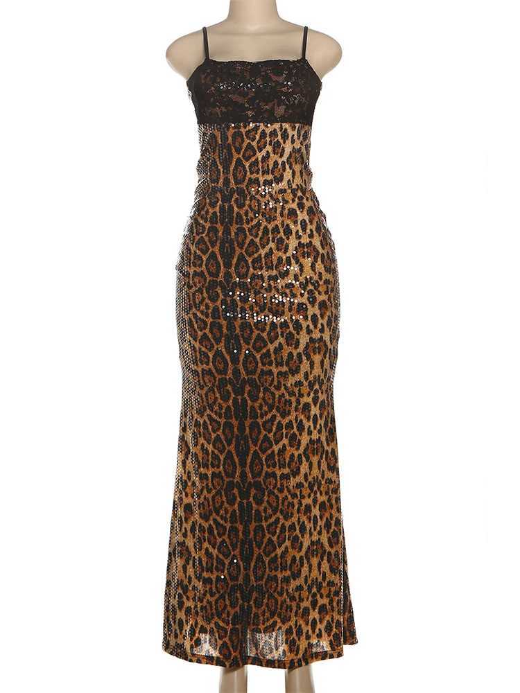Nibber Patchwork Sequins Sling Dress Woman Leopard Print Sexy Fashion Low-Neck Backless Hot Girls Street Wild Style Long Bodycon M260304