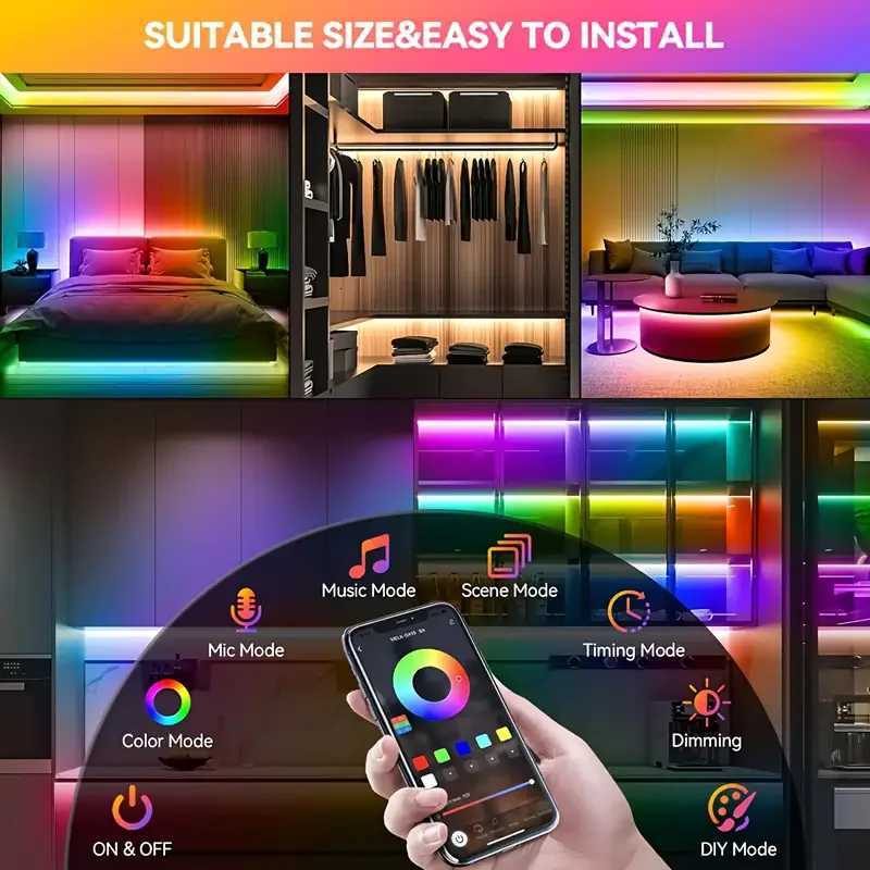 WS2812B RGBIC 5050RGB LED Strip Light App Control Chasing Effect Lights Flexible Tape Diode Ribbon TV BackLight Room Decorate H260304