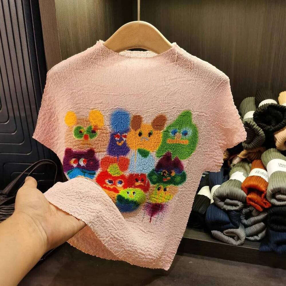ZHE HAN Miyake Pleated T-Shirt Plisse Colourful Cartoon Print Fold Top Pleat 2025 Summer New Stand-Up Collar Pleatst Shirt Women