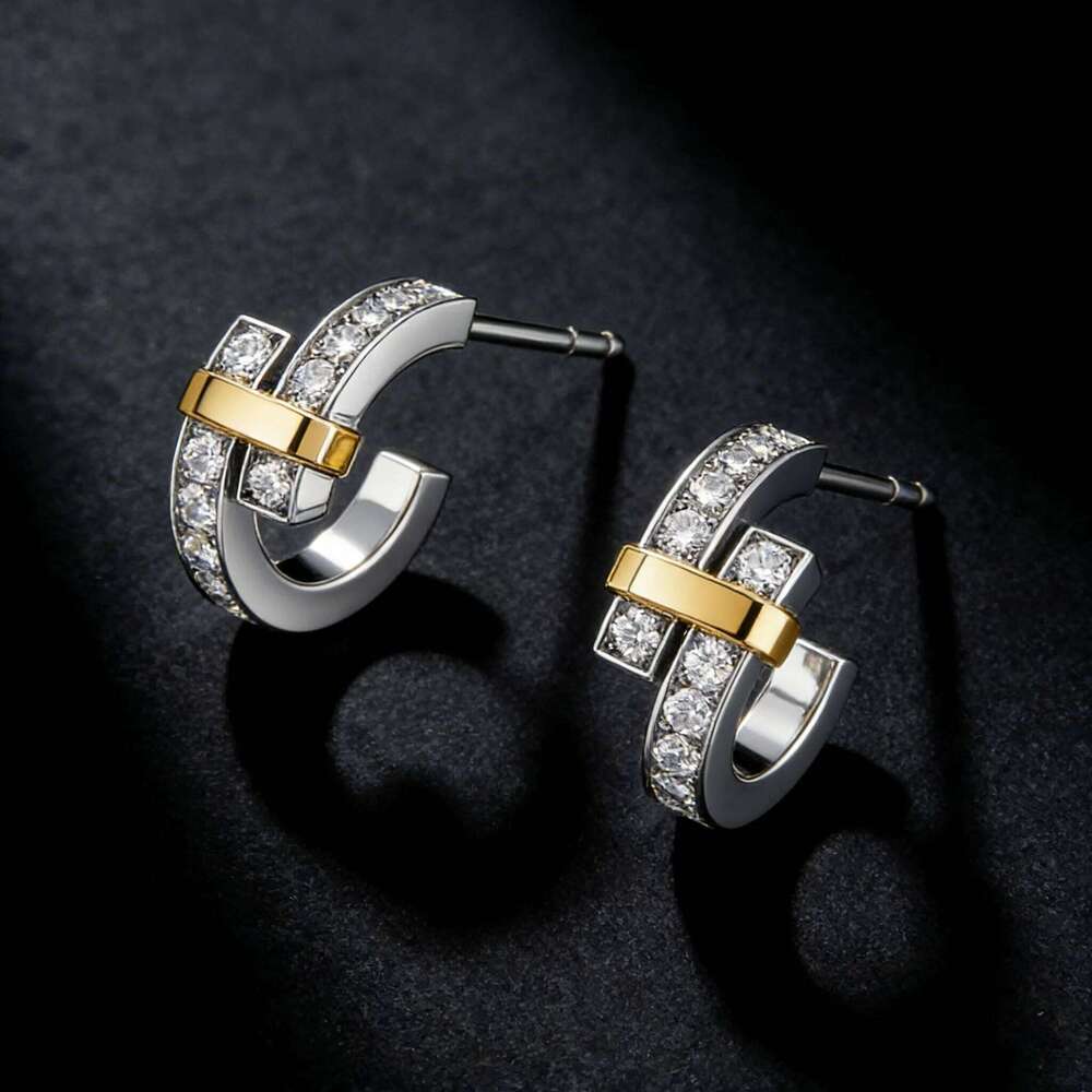 Stylish Sterling Silver Two Tone Interlaced Women S Style Zircon Set Stud Earrings Luxury Party Jewelry