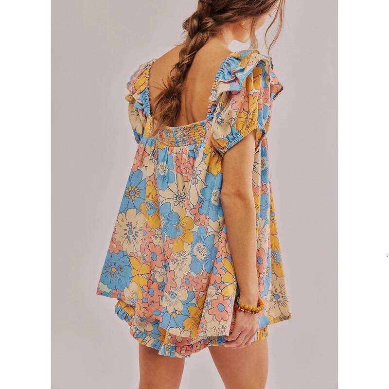 Combhasaki Women Y2K Floral Print 2Pcs Outfits Set Bow Tied Square Neck Puff Sleeve Loose Babydoll Tops+Ruffle Drawstring Shorts - view 3