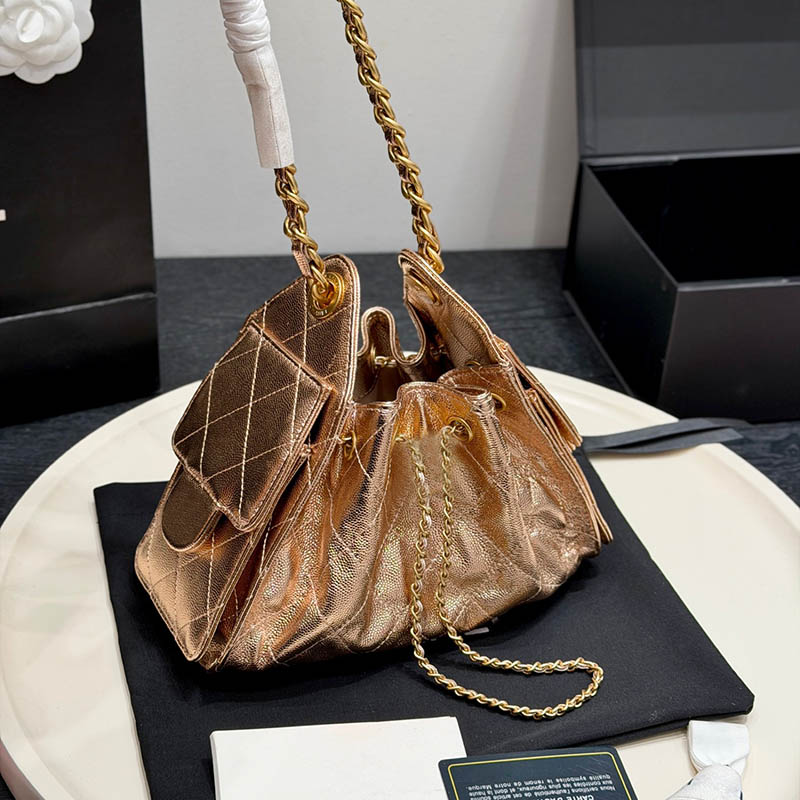 Ladies Designer Mini Shiny Gold Hobo Underarm Bag with Side Flap Pockets Diamond Lattice Golden Silver Buckle Matelasse Chain String Shoulder Handbag Tote 23x16cm