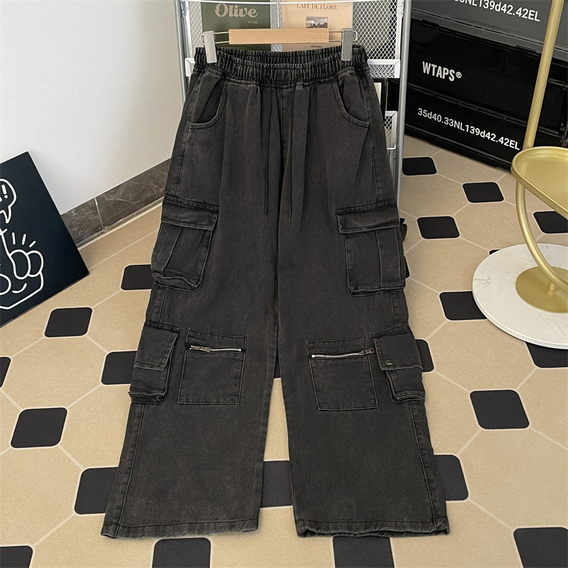 Trendy Designer Pants Chinese Brand Couple's American-style Multi-pocket Cargo Jeans Unisex Loose-fit Washed Wide-leg Straight Pants