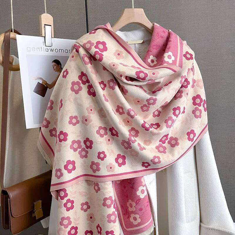 Thickened Warm Scarf Floral Tassel Pashmina Shawl For Women Faux Cashmere Warps Autumn Winter Coldproof Windproof Blanket XJ260304