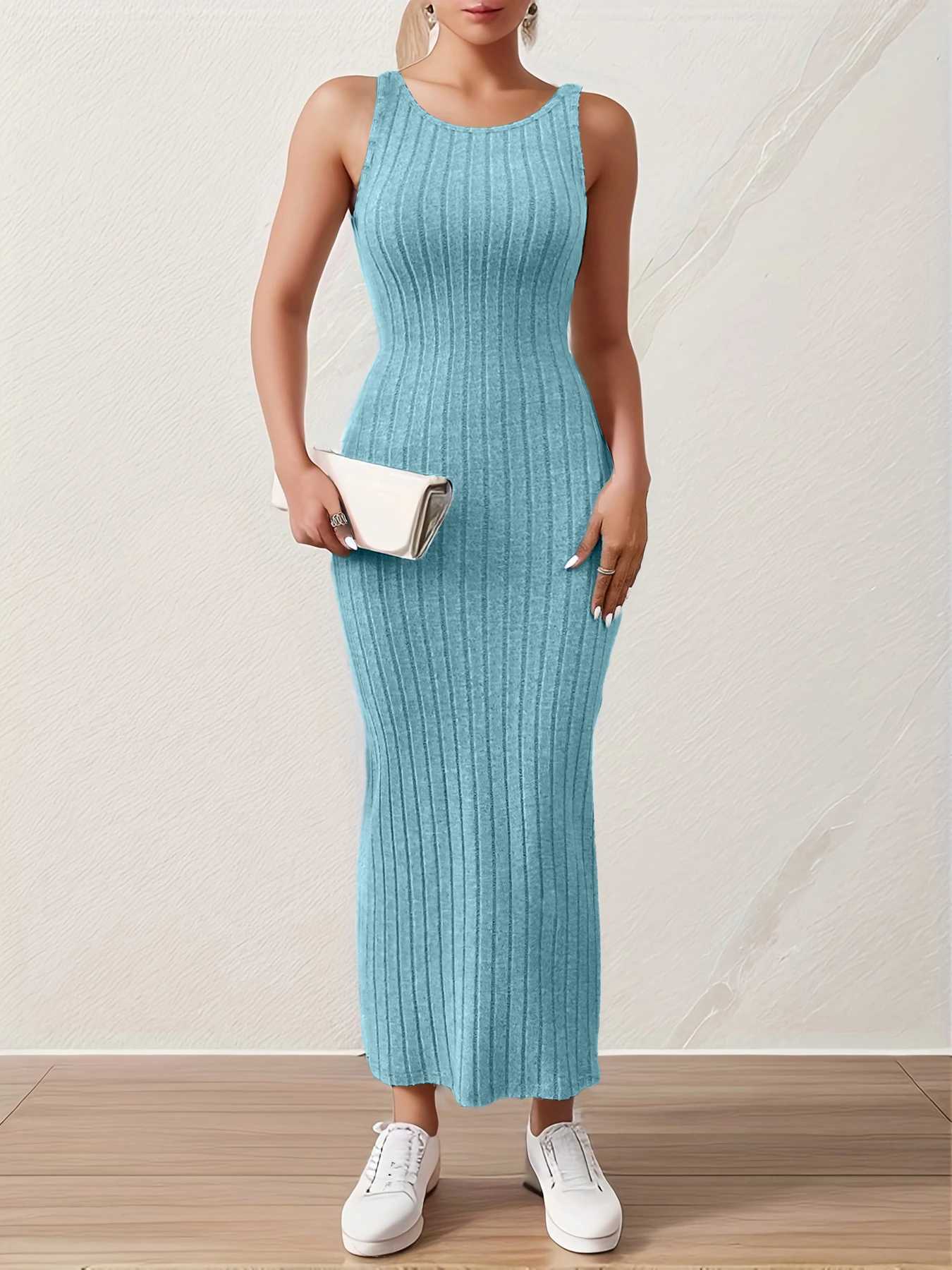 Solid Backless Tank DressSummer new sexy backless mid-length knitted sleeveless dress M260304