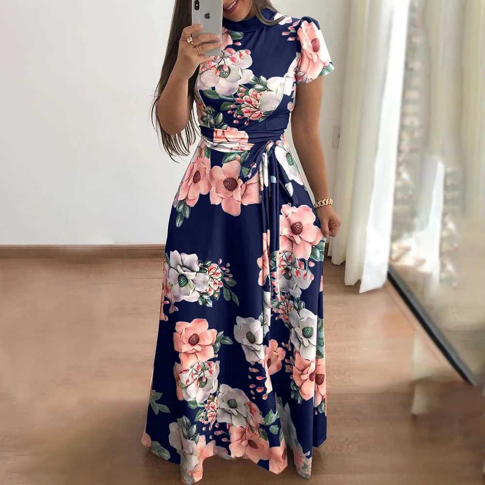 Womens Floral Print Summer Dress - 2025 New Boho A-Line Swing Dress with Short Sleeves High Waist Flowy Maxi Dress for Beach M260304