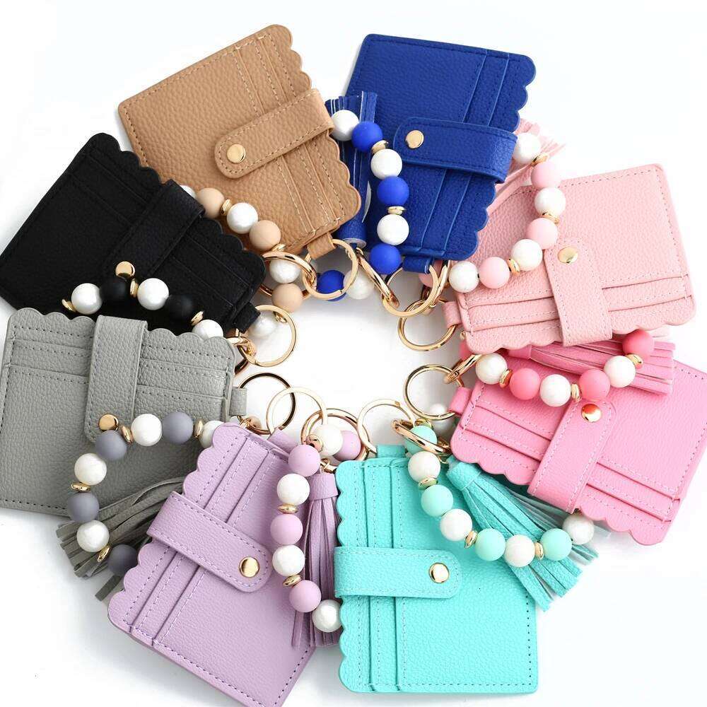 2024 Bead Solid Card Bag Wristlet Keychain Silicone Beaded Bracelet Leather Tassel Wallet Bangle C260304