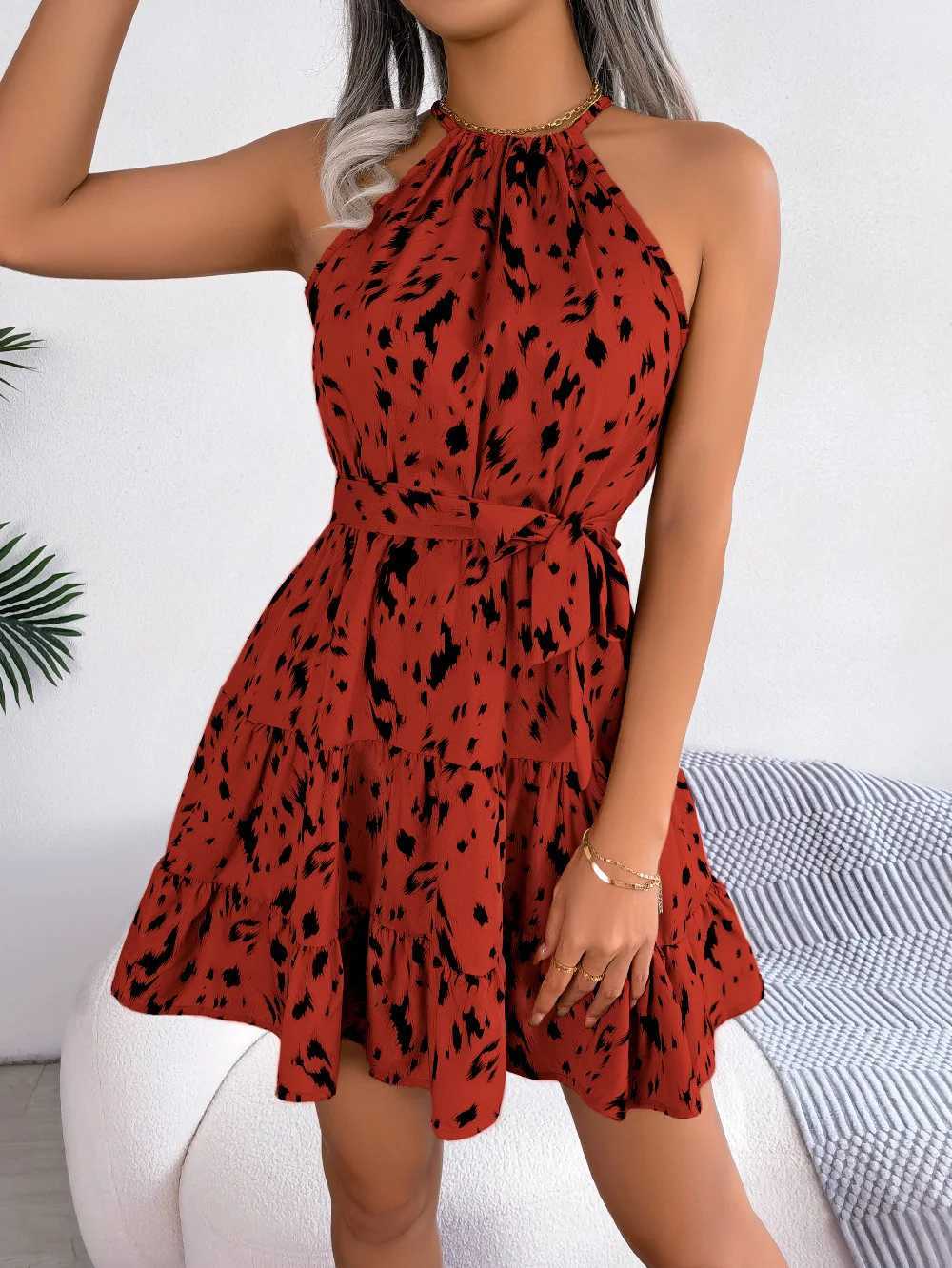 Leopard Print Ruffled Hanging Neck Fashion Dress Women Spring Summer Sexy Halter Mini Dress M260304