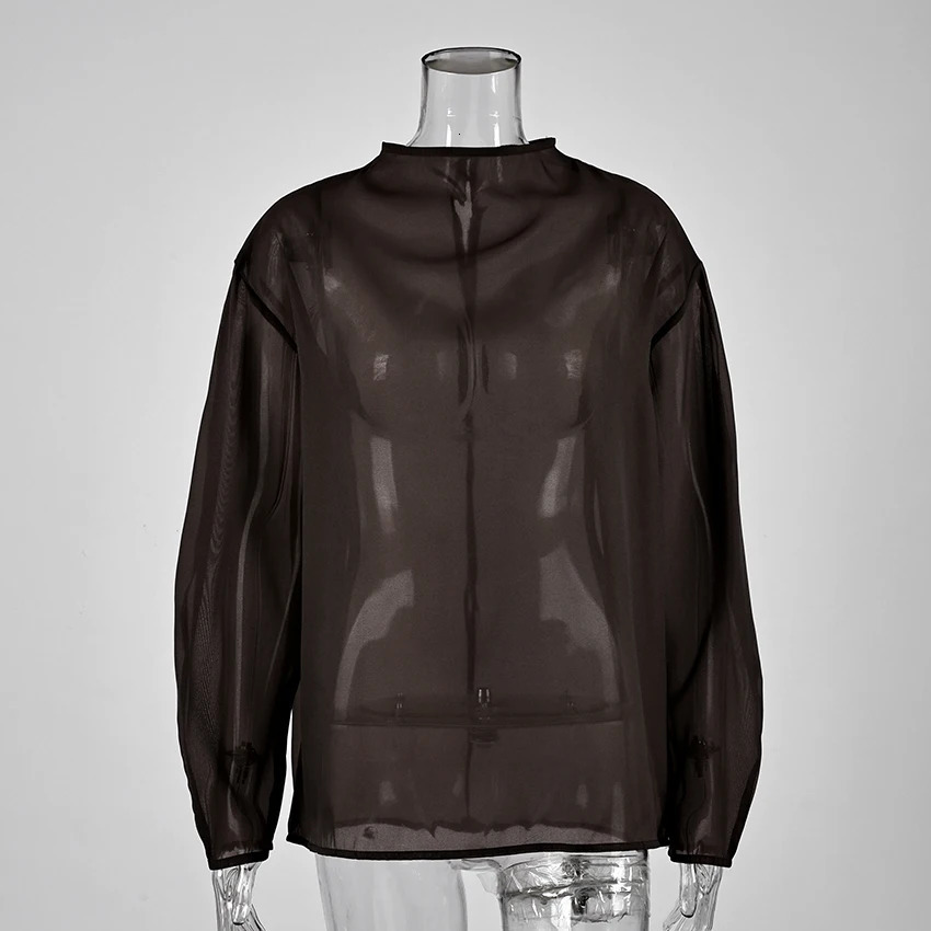 Linad Elegant Brown Mesh O Neck Blouse Women 2025 Sexy Apricot Sheer Shirt Female Autumn Street Chic Loose Long Sleeve Tops 260227