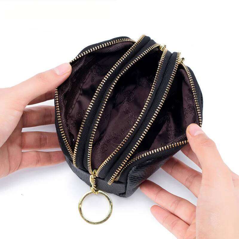 Luxury Leather Keychain Wallet with 3 Zippers Compact Coin Purse for Women Men RFID Blocking Travel Essentials Cash Card Holder C260304