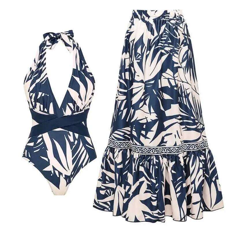 Flaxmaker 2025 Women Summer Sexy V Neck Leaves Print One Piece Swimsuit and Pants/Skirt Femme Retro Swimwear Sets Beachwear Y260303
