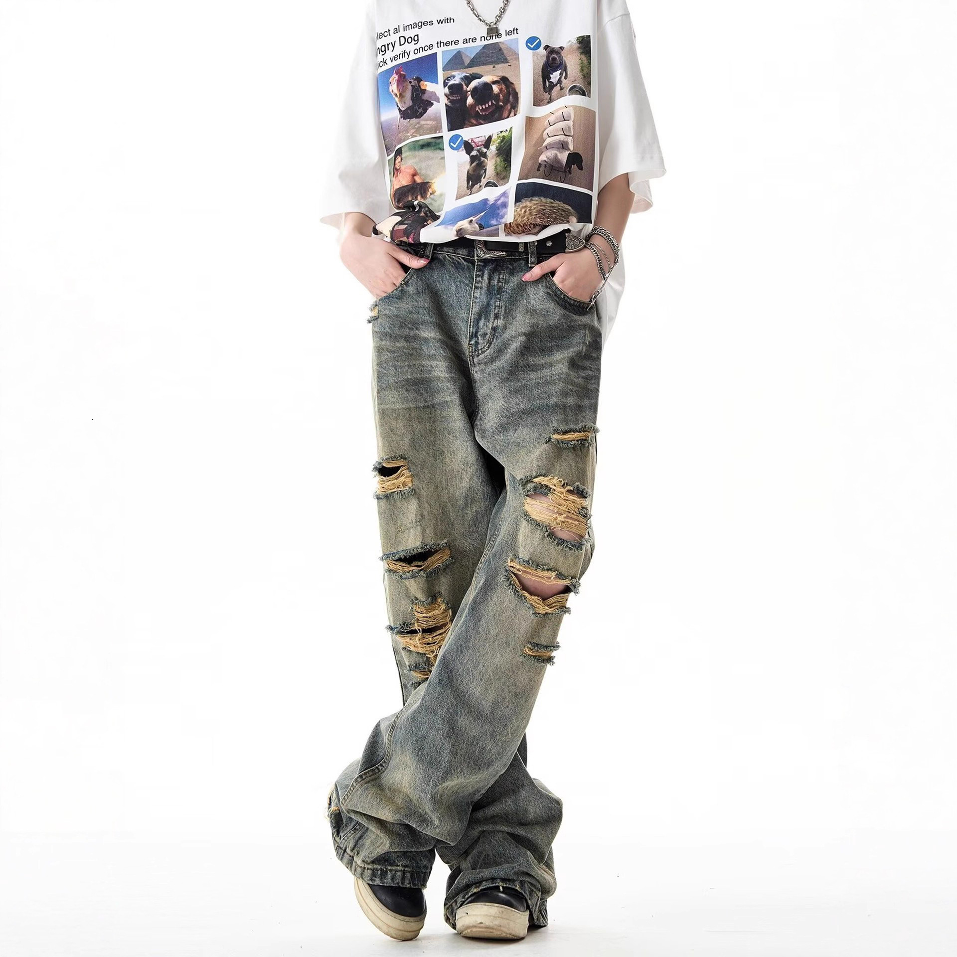 American Retro Washed Distressed Yellow Mud Wasteland Style Jeans Loose Designer Pants Fit Niche High Street Straight Pants For Men