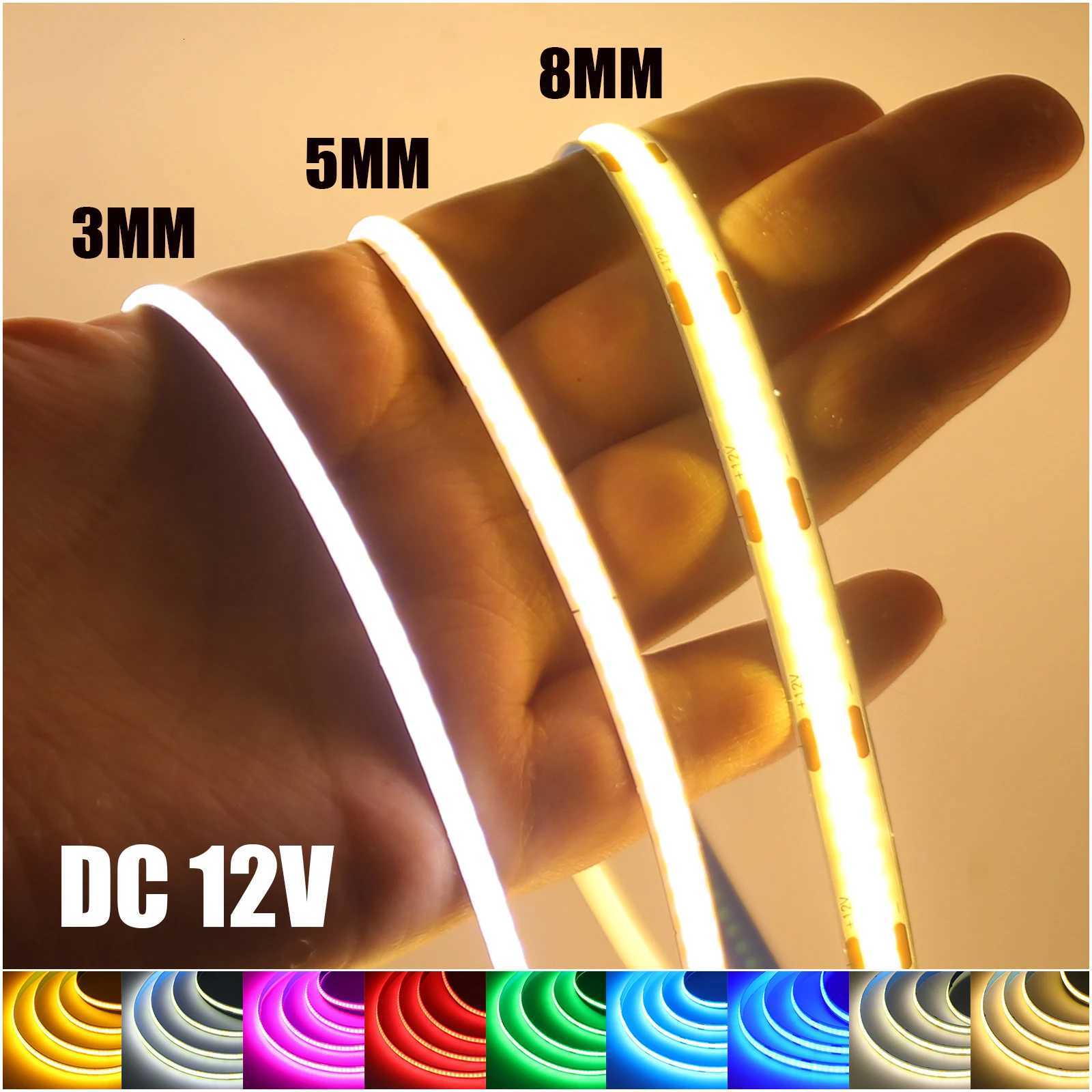 DC 12V COB LED Strip Light for Home Decor 3MM 5MM 8MM 05-5M 9 Color White/Red/Blue/Pink/Green Flexible Ribbon TV Backlight Rope H260304