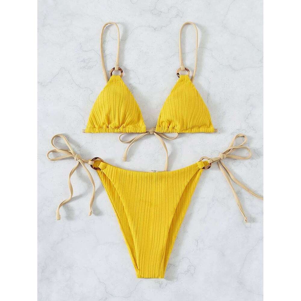 sexy rib texture triangle string bikini set women push up padded thong swimsuit female cut out bathing suit swimwear biquini Y260303