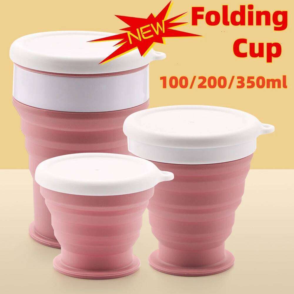 100/200/350ml Folding Outdoor Camping Equipment Portable Collapsible Silicone Cup Picnic Cookware Hiking Mug Lid Gadgets S260303