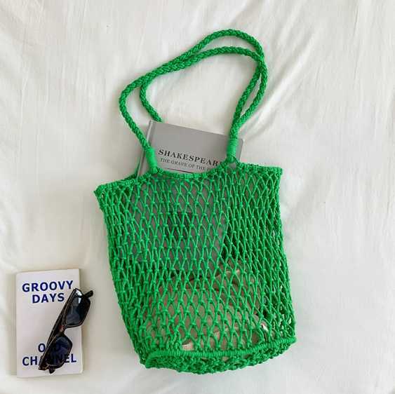Large-capacity tote bag with cotton rope mesh pocket, beach bag with woven mesh pocket, straw bag with woven net pocket H260304