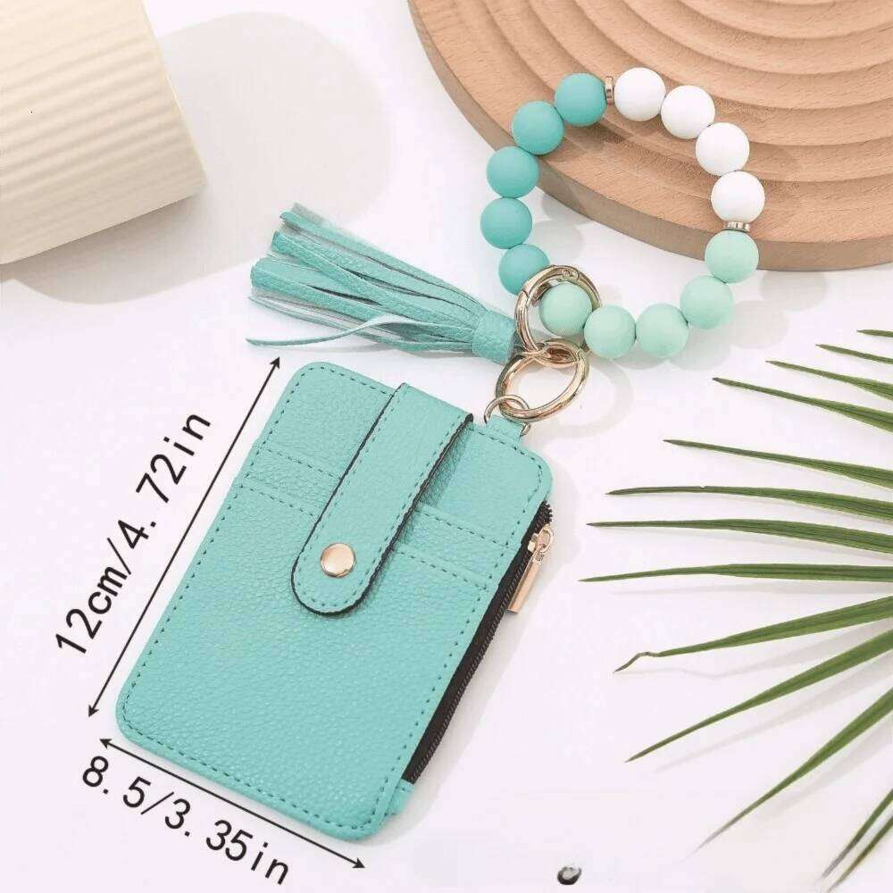 New PU Leather Boho Beaded Tassel Keychain Anti-Loss Wristlet Wallet Waterproof Storage Credit Card Holder Purse Women C260304