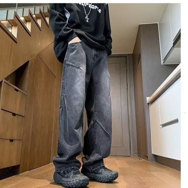 Designer Pants New American Style Washed Pleated Jeans For Men Trendy Loose Fit Versatile Vintage Straight-leg Trousers