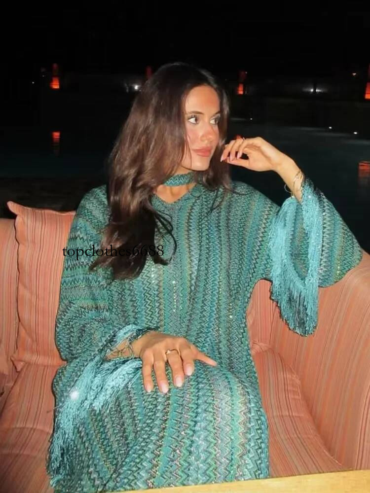 Fashion Tassel Printed Dress Women's Elegant V-neck Long Sleeves Striped Robes 2025 Summer Lady Vacation Party Evening Gown