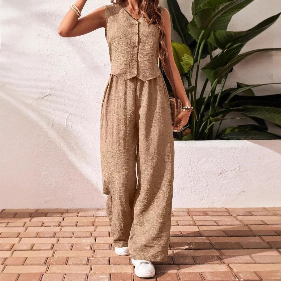 Summer Cotton Linen Women V-Neck Vest Front Button Vest Trousers Casual Suit Women Short Vest Top Pants Two Peice Set 260228