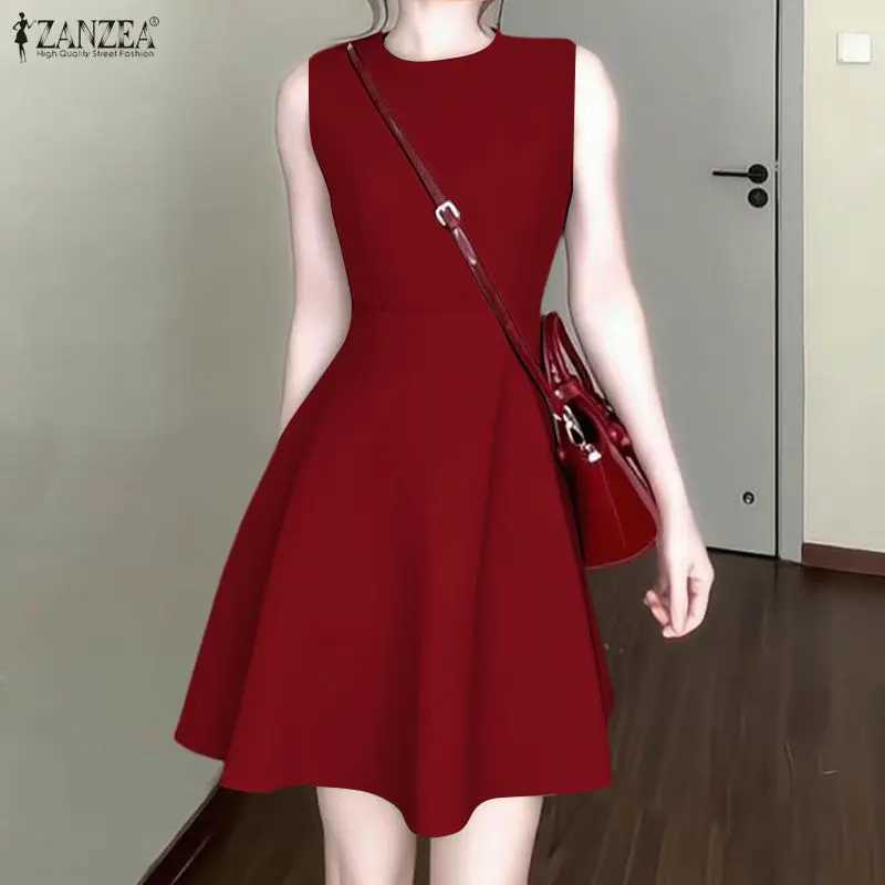 ZANZEA Summer Woman Elegant A-Line Party Dress Solid Color O-Neck Sleeveless Fit and Flare Knee-Length Dress Minimalist Sundress M260304