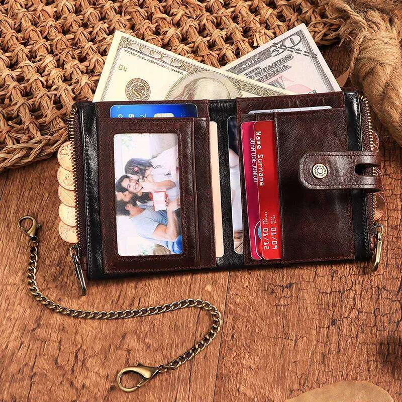 HUMERPAUL Genuine Leather Men's Wallet Fashion Quality Travel Purse Rfid Protect Credit Card Holder Wollst for Men with Chain C260304