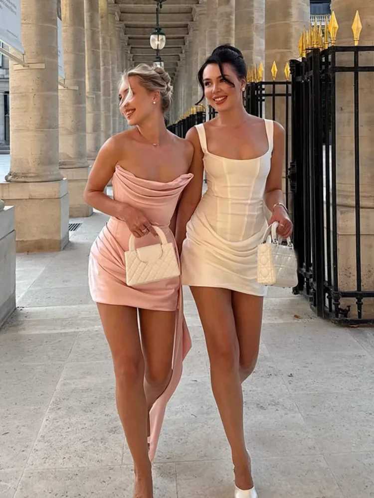 white Pleated Hem Mini Dress Fashion womens solid U-neck Sleeveless Back Bandage Slim Vestidos 2025 New Summer Lady Party Gown M260304