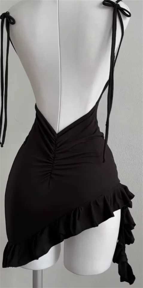 Sleeveless Backless Ruffles Mini Dress Women Summer Y2K Lace Up Black Bodycon Dresses Party Club Streetwear 2025 New Sundress M260304