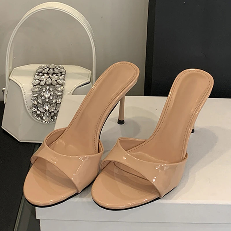Liyke Wine Red Patent Leather Women Slippers Sandals Fashion Round Open Toe Thin High Heels Mules Slides Summer Party Dress Shoe 260306