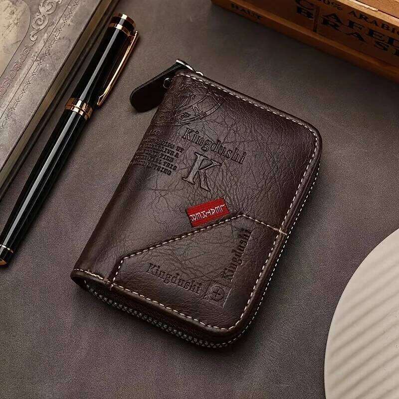 Vintage PU Leather Slim Wallet - Zipper RFID Blocking 11-Slot Card Holder, Retro Style Gift for Men & Women, Classic Design C260304