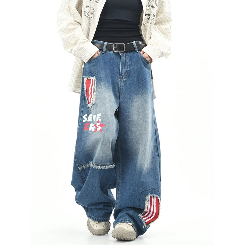 American Retro Patchwork Washed Designer Pants Curved Hem Jeans For Men And Women Loose Casual Wide-leg Floor-length Pants Manufacturer