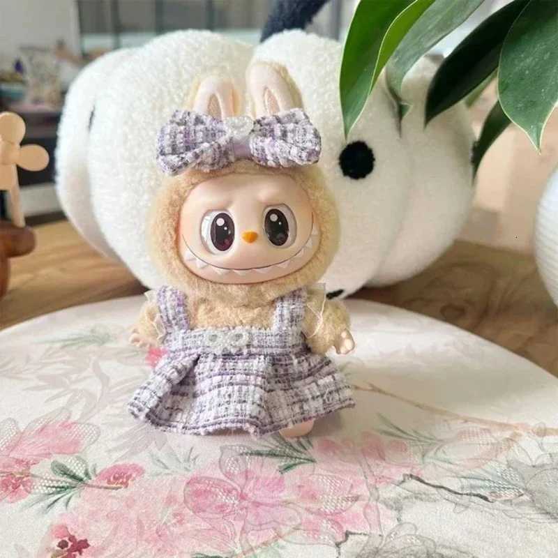 Classic Tweed Pinafore Dress Set with Pearl Bow for 17cm V2 Labubu Dolls Outfit Accessories Girl GiftT260304