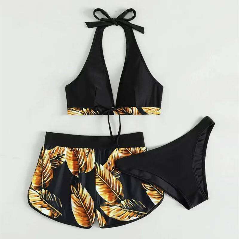 Sexy Beach Bikinis Three Pieces Bikini Set High Waist Swimsuit Swimwear Leaf Print Bathing Women Beachwear Bath Suit Y260303