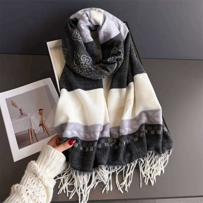 Winter Neck Warmer Scarf For Women 70*200CM Thickened Tassel Pashmina Shawl Faux Cashmere Warps Autumn Elegant Ladies Blanket XJ260304