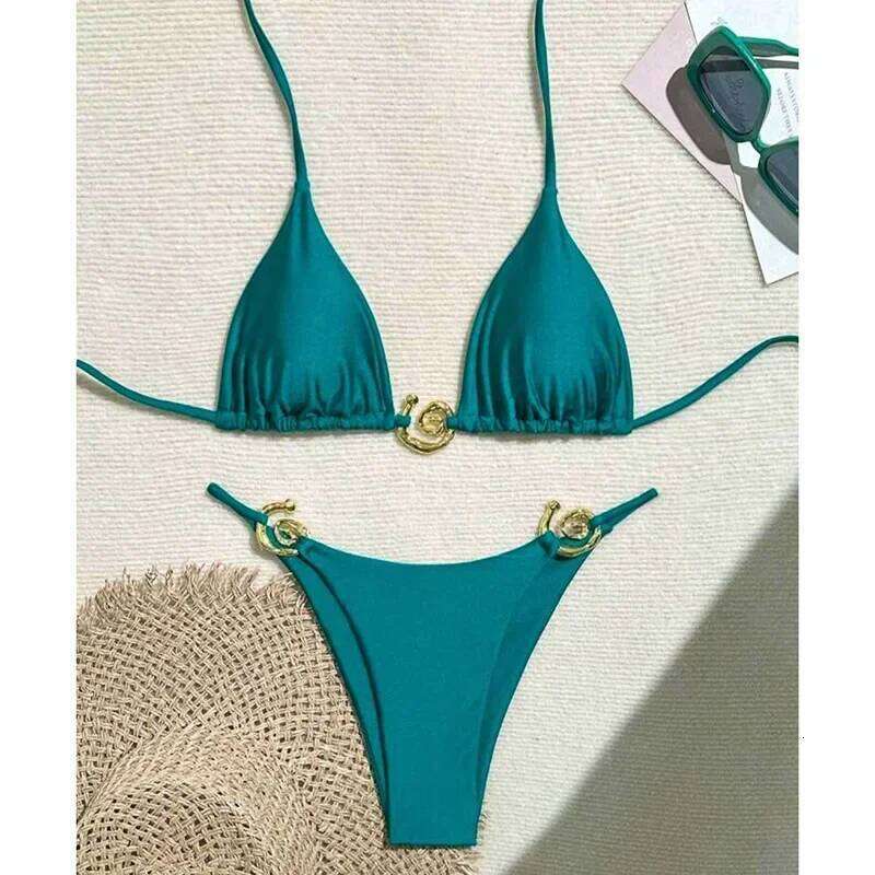 Metal Micro Swimwear Women Sexy Lace Up Triangle Halter High Cut Thong Bikini 2025 New Beach Bathing Suit 2 Piece Set Y260303