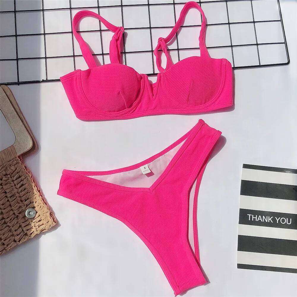 Rose Red Micro Thong Bikini Push Up Sexy Swimsuit Women V Neck Shaped Swimwear 2025 Ribbed Bathing Suit Bikinis Sets De Mujer Y260303