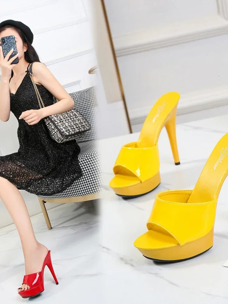 Womens Slippers Mule Patent Leather Sandals Sexy Fashion 13CM Slides Party Shoes for Woman Red Sandals Summer Comfortable 260306