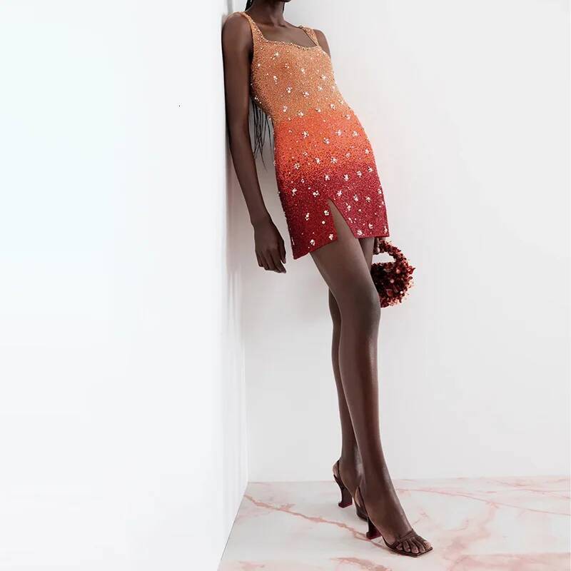 New Temperament Sequin Slim Evening Casual Square Collar Pearl Design Summer Hollow Sleeveless Suspender Club Dress
