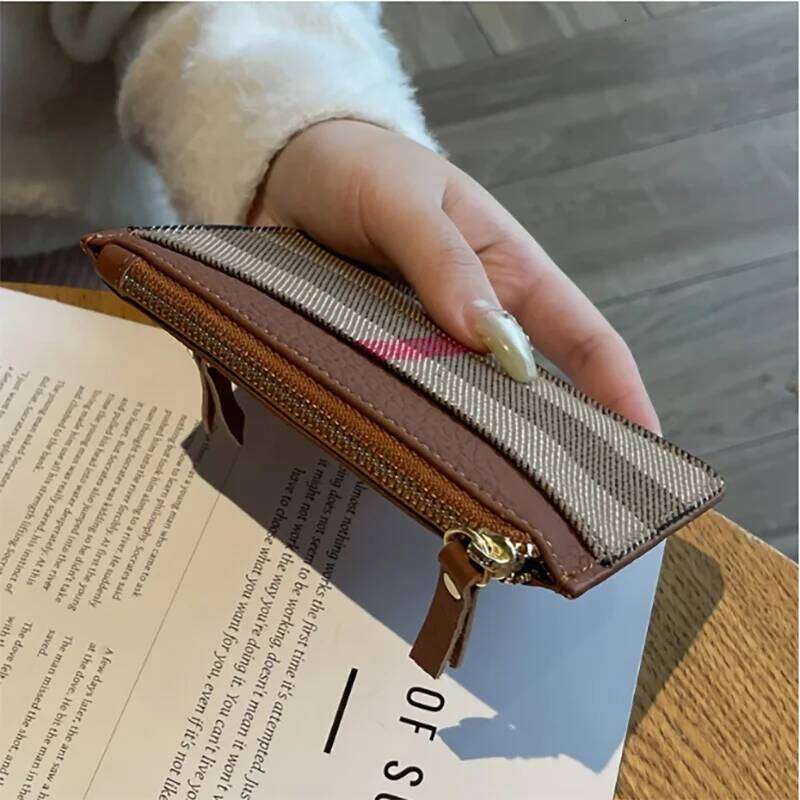 1pc Stylish Vintage Zipper Coin Purse for Women Large Capacity Genuine Leather Wallet, with Key Holder Brown & Beige Plaid Design C260304