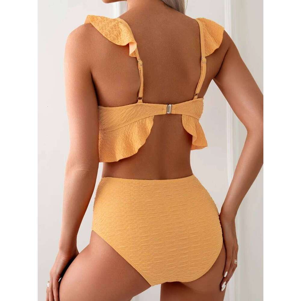 2026 Sexy Strappy Ruffle Bikini Solid Swimwear Women High Waist Triangle Swimsuit Female Bathing Swimming Suit Padded Beachwear Y260303
